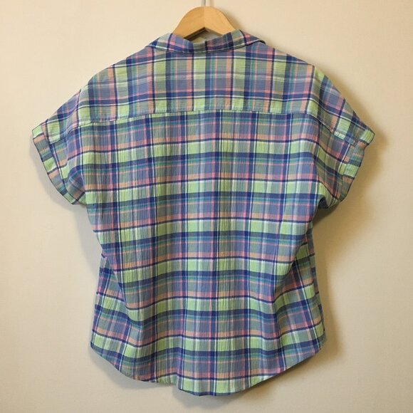 Plaid Pastelcore Seersucker Button Down Short Sleeve Top - Picture 2 of 16